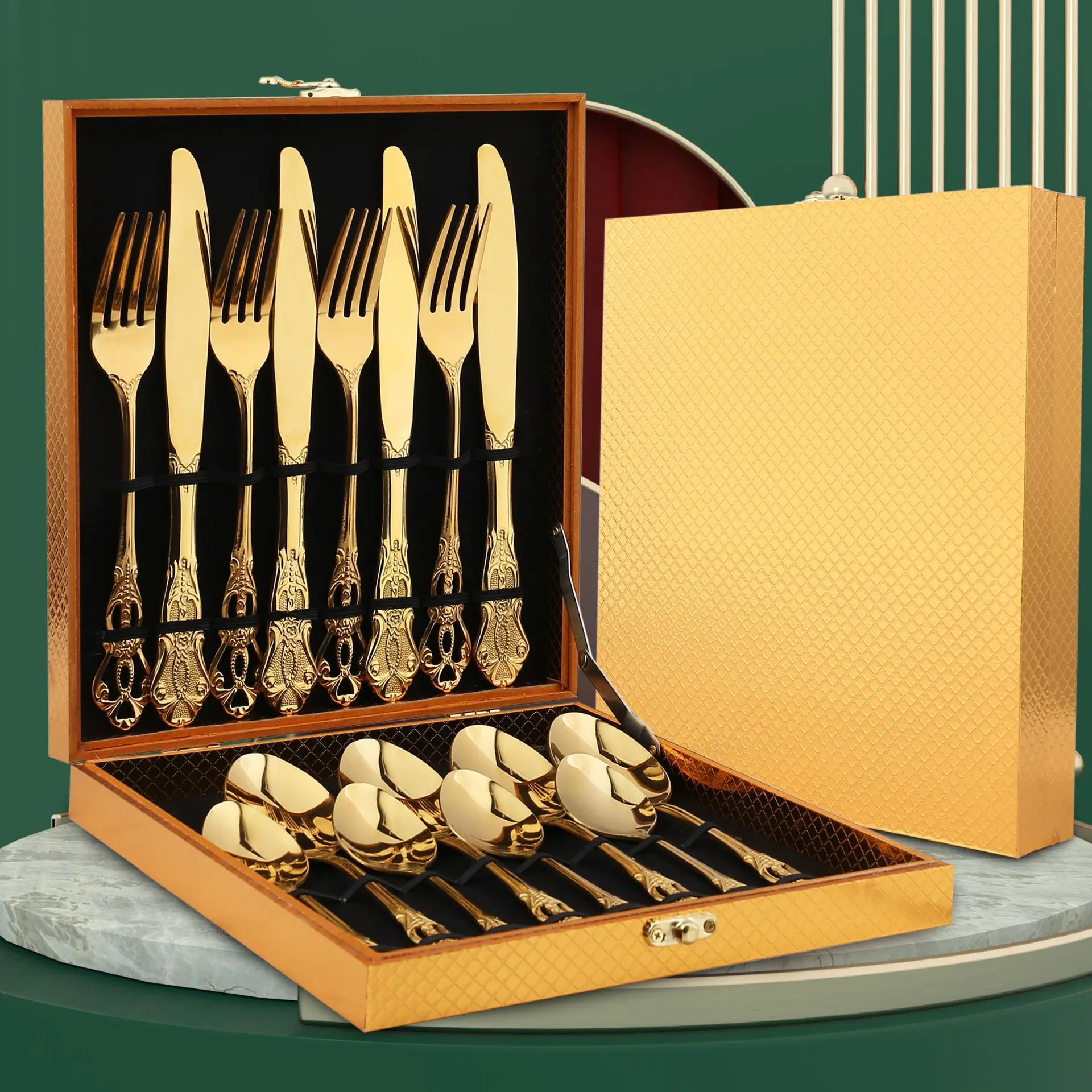 relief tableware set European style stainless steel steak knife, fork and spoon cross-border Western food gift box 24 PIECE SET