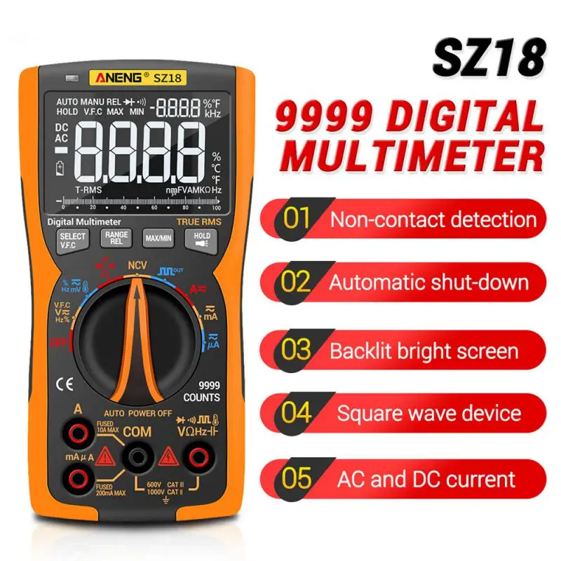 SZ18 Transistor Capacitor NCV Detector Meter Digital Multimeter 9999 Professional True RMS /DC Analog Tester