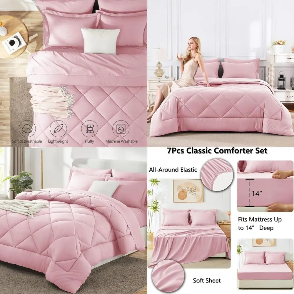 

7-Piece Pink Bedding Set: Comforter, Sheets, Pillowcases, and Shams for All Seasons Luxury Sleep
