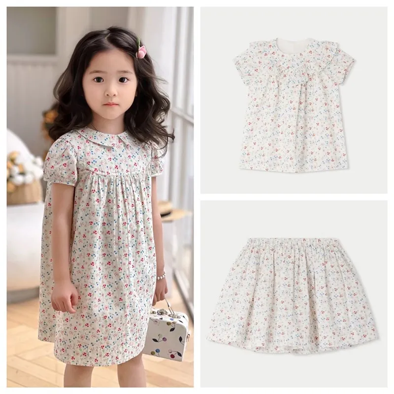 

Новое вишневое платье для девочек, летнее хлопковое платье с воротником Питера Пэна и короткими рукавами, белое платье принцессы с цветочным узором для девочек, детская одежда