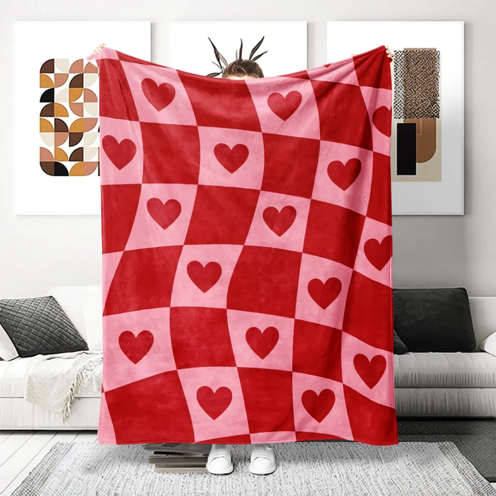 Red Warped Checker Hearts Flannel Blanket Perfect For Sofa Office Bed Travel Sleep Read Relax Camping Four Season Use