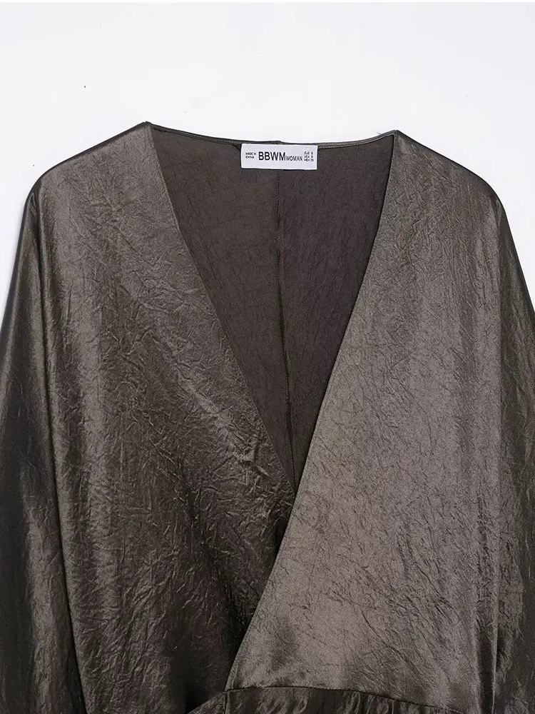 NLZGMSJ Satin Geraffte Lange Kleider für Frauen Langarm V-ausschnitt Kleid Frau Gebunden Party Damen Kleider Casual Weibliche Midi Kleid