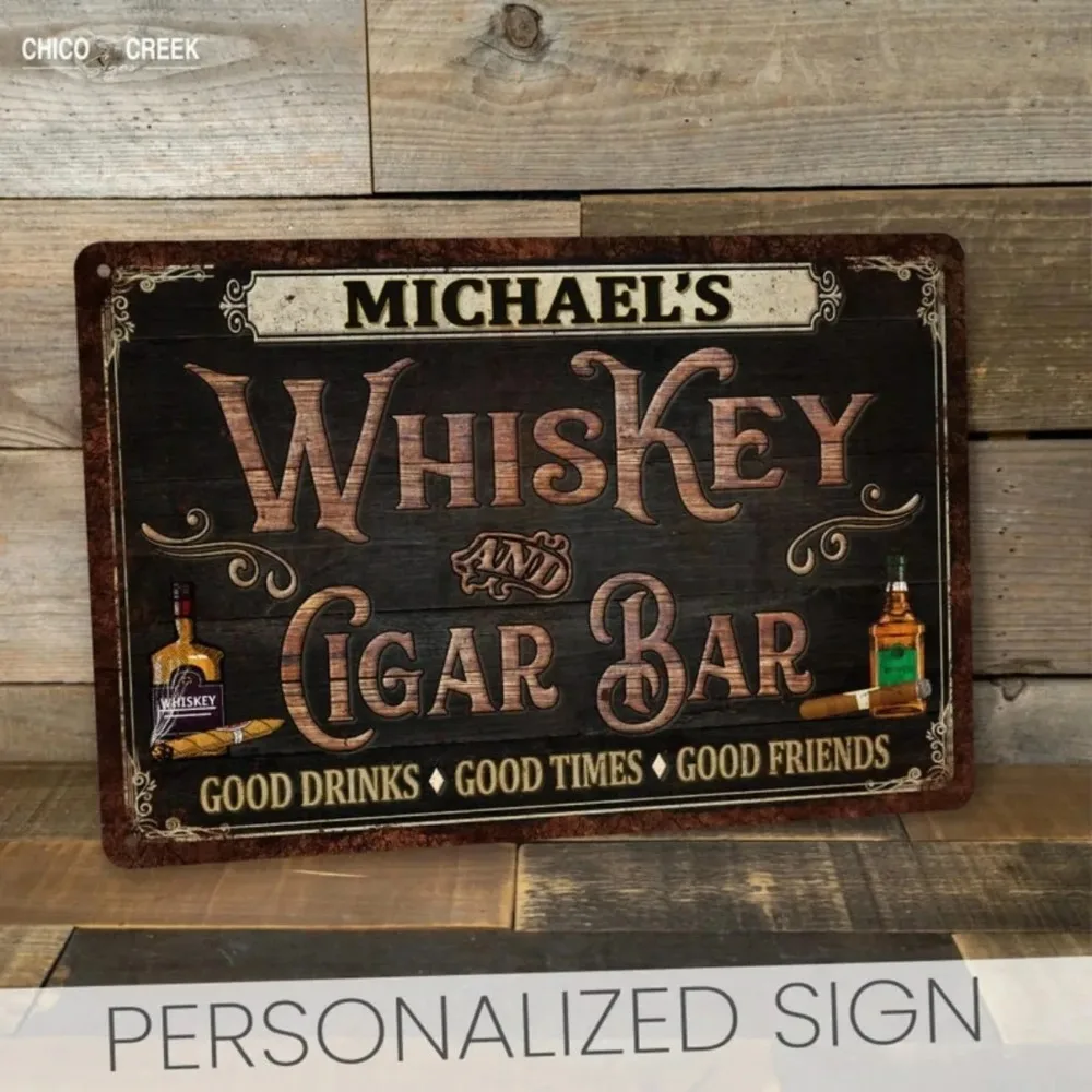 CIFbuy Custom Vintage Whiskey & Cigar Bar Sign, Man Cave Home Bar Wall Decor Fathers Day Gift For Dad (Only For Decoration)