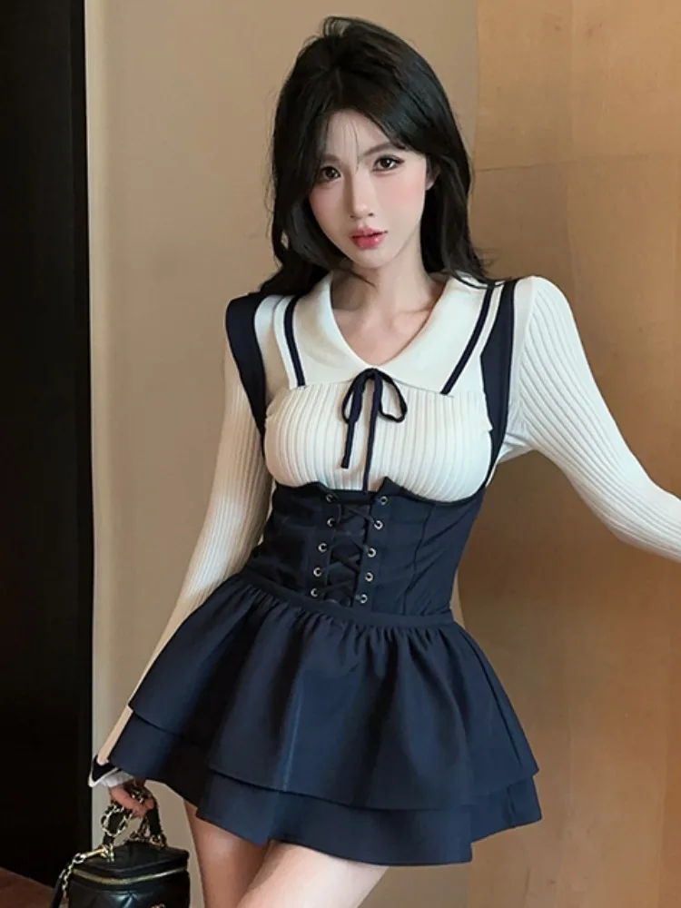 Korean Sweet Pure Desire College Style Knitted Top Women Spring Autumn High Waist Overalls Puffy Short Skirt High End Set