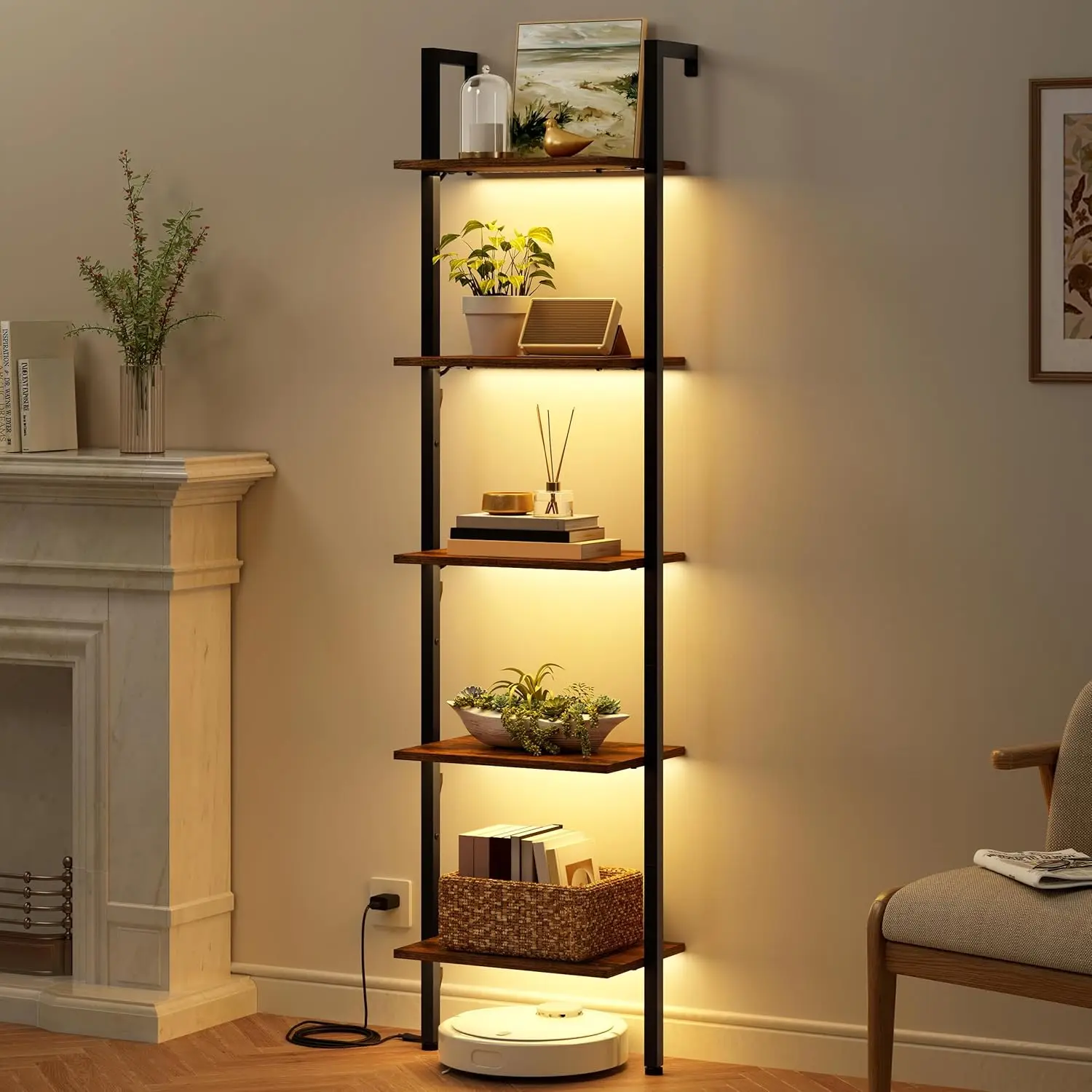 

5-Tier Wall-Mounted Ladder Shelf with LED Light, Metal Frame, Rustic Brown for Living Room, Bedroom, Office