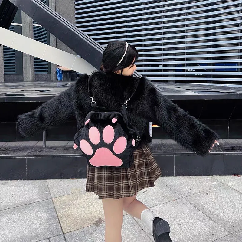 Japanese Plush Cat Paw Cute Mochilas Y2K Women Plush Crossbody Bag  Sweet Schoolbags Kawaii Girl Cartoon Students Backpacks