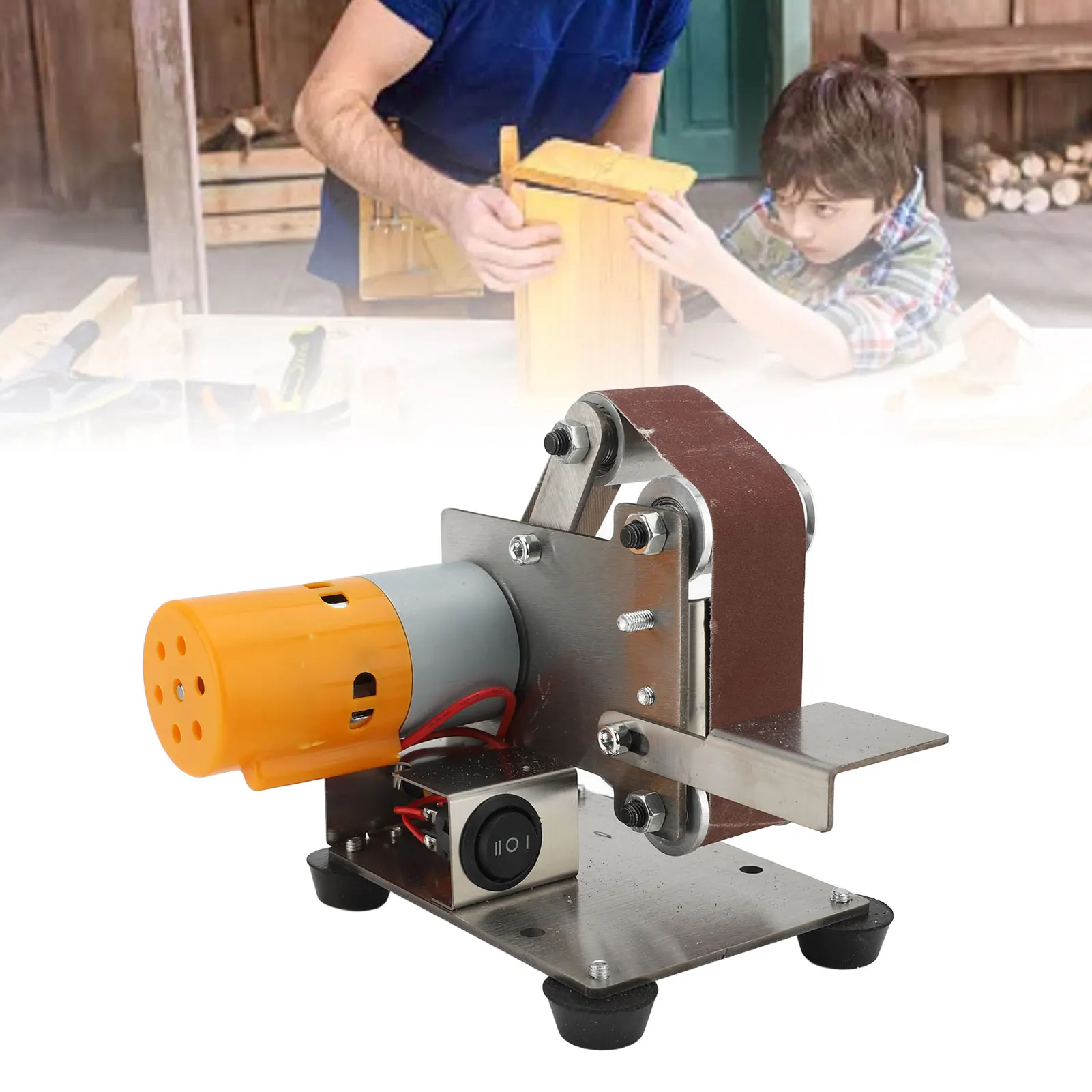 

Power Belt Sander Bench Sanding Machine Mini Belt Sander Double Bearing Adjustable Angle Vertical Belt Sanding Machine for Home