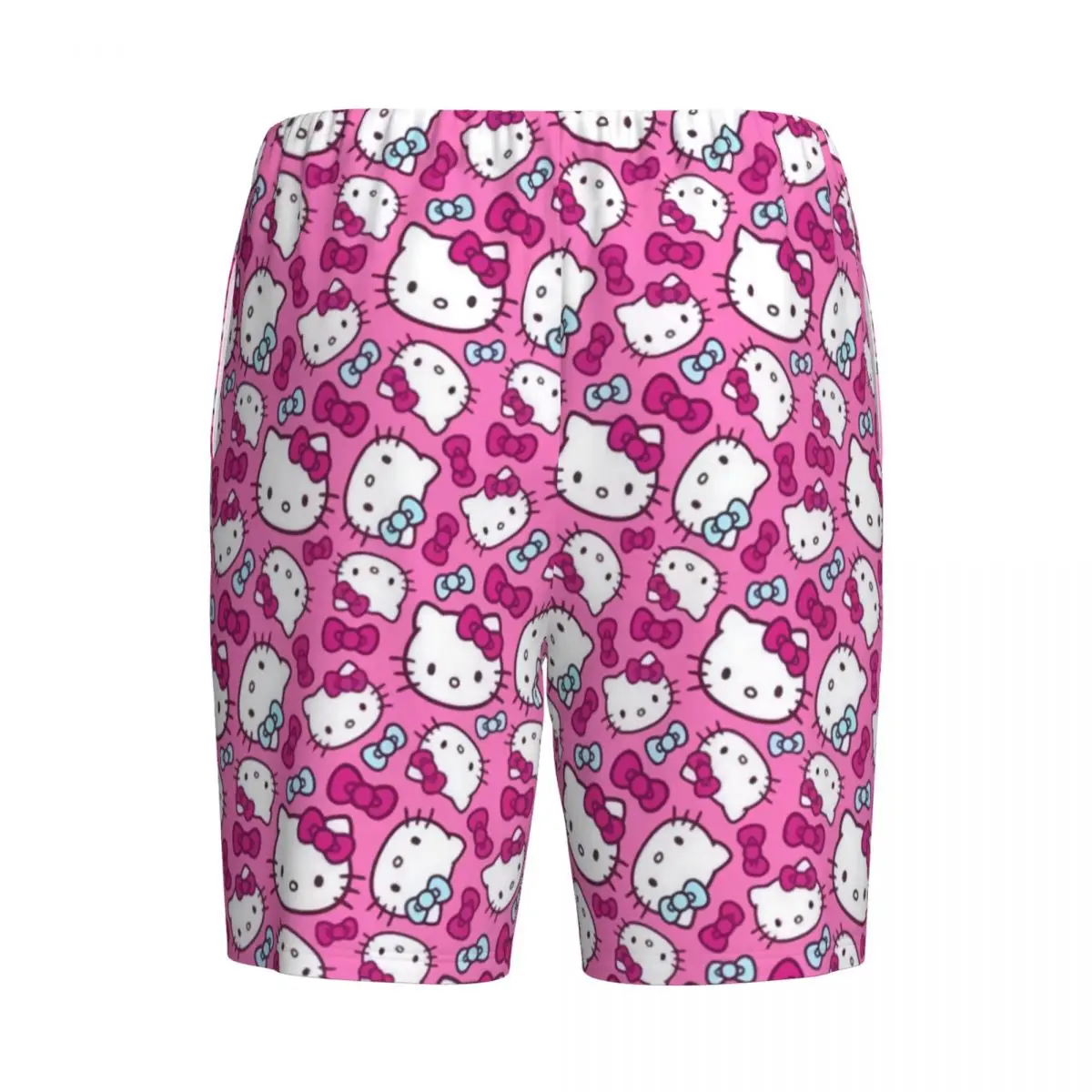 Pantalones cortos de pijama de Hello Kitty para hombre, ropa de dormir elástica con lazo rosa personalizado, Anime, con bolsillos