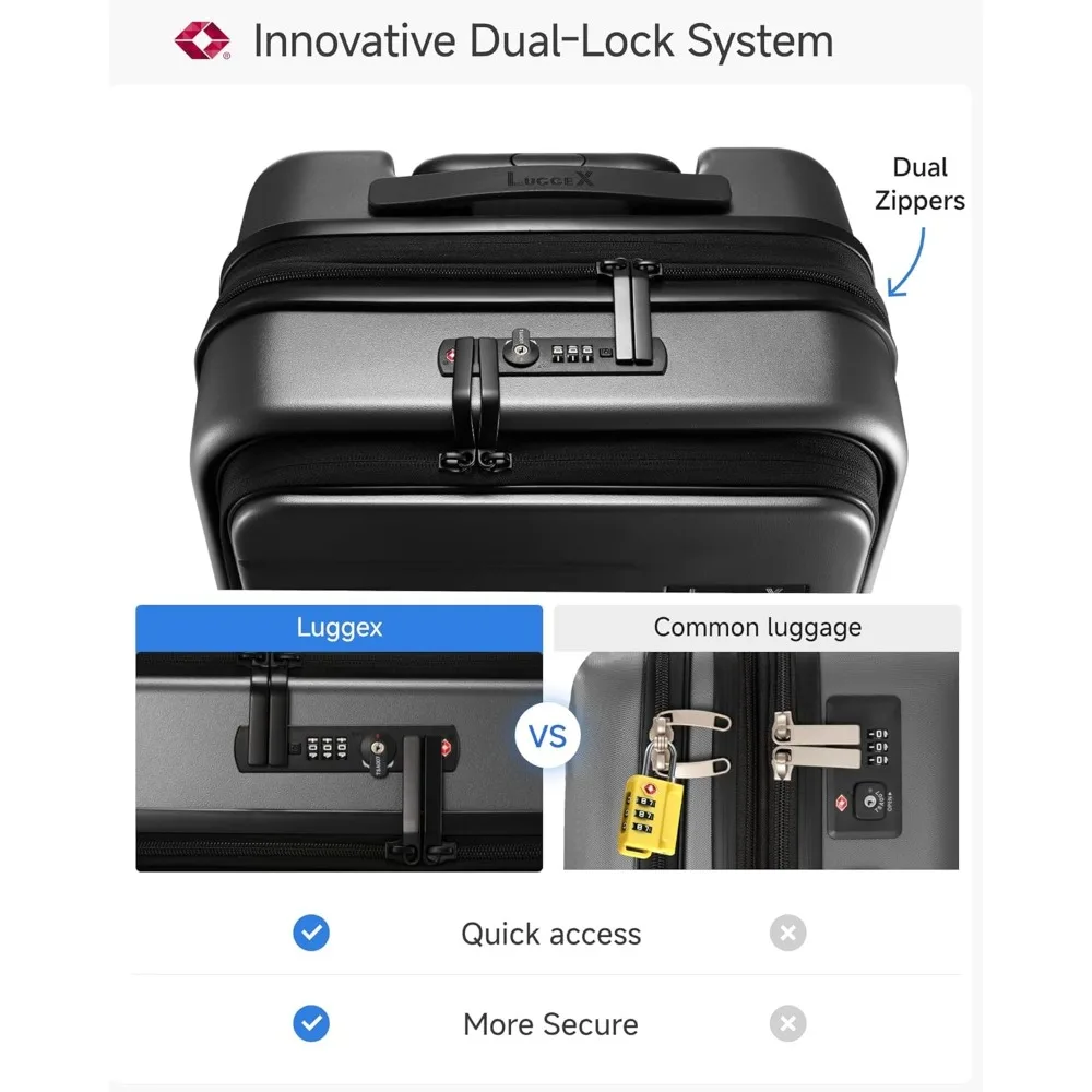 Expandable Polycarbonate Hard Shell Luggage Set, 2 Piece with Front Pocket, Black, 20 and 28 Inch Travel Suitcases