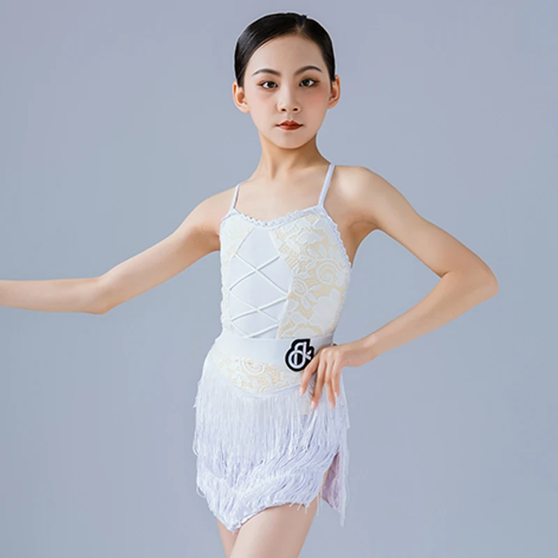 White Lace Latin Dance Dress Girls Performance Clothes Cha Cha Rumba Dance Clothes Fringe Dress Tops Skirt 2Pcs Sets DNV20776