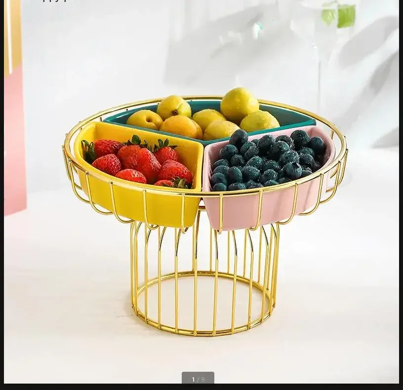 

Ceramics Tall Feet Fruit Plate Iron Art Fruit Basket Three Grid Snack Platter Home Candy Plate Snack Tray Decoration Tableware