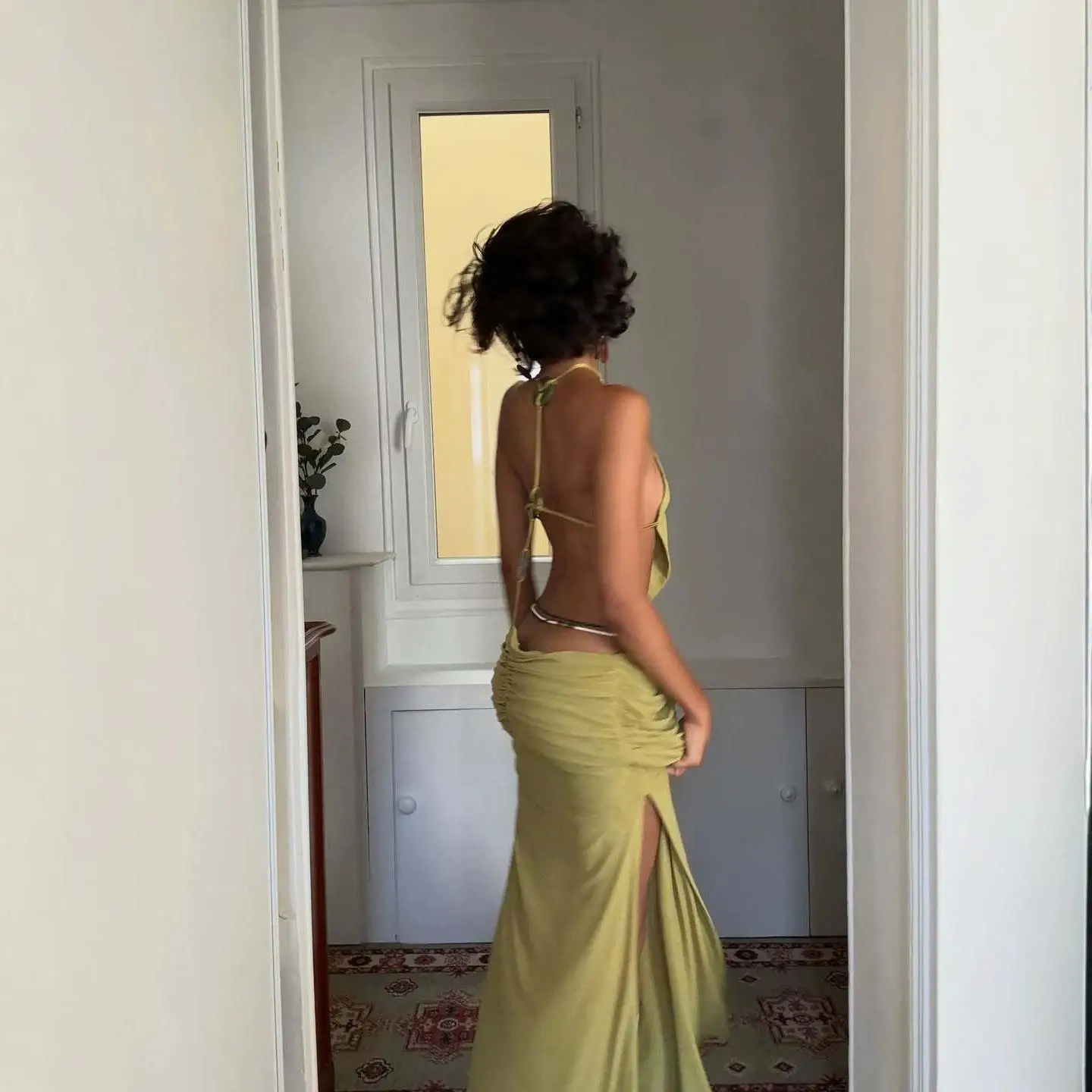 Beach Vacation Long Skirt Bohemian Neck Hanging Bead Belly Show Drawstring Waist Slimming Beach Holiday Sand Beach Dress