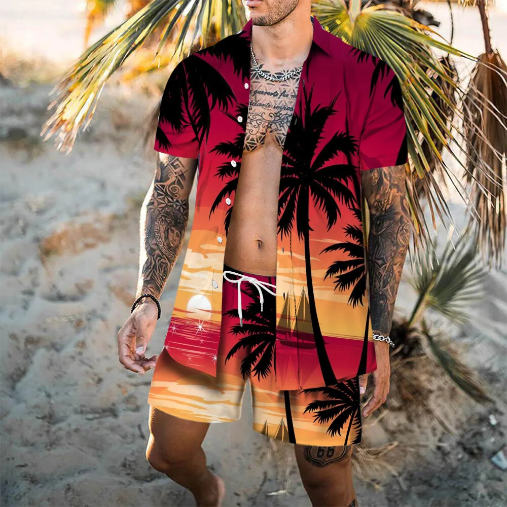 طقم عطلة كاجوال للرجال، شورت فضفاض مطبوع عليه الفلامنكو ثلاثي الأبعاد، وأكمام قصيرة ومجموعة قميص شاطئ هاواي