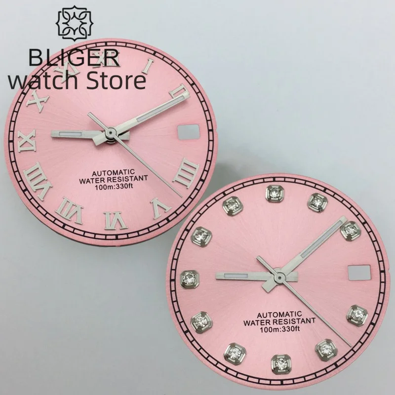 

BLIGER/ Custom Logo NH35 Dial 29mm Pink Dial Roman/Diamond index With Hands Fit NH34 NH35 NH36 Movement