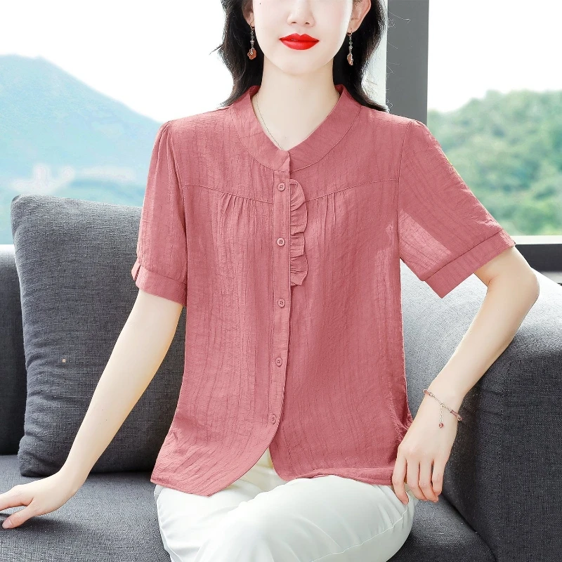 2024 New Summer Korean Version Fashionable and Elegant Minimalist Short Sleeved Blouses Round Neck Patchwork Women\'s Shirt Top