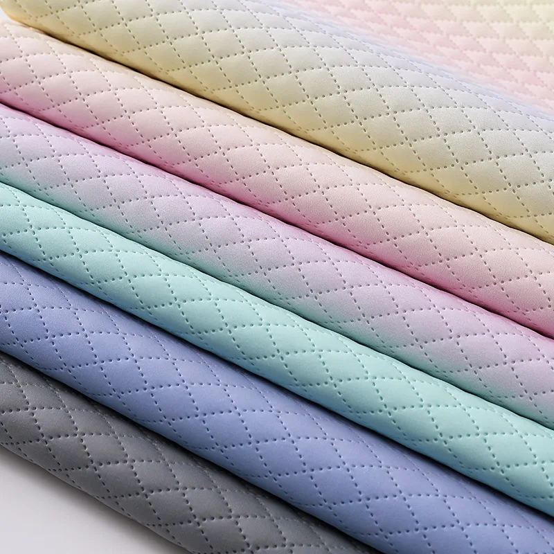 

Width:138cm, Sale By Meter, Embosse Embroidery Plaid Pattern Synthetic PU Leather Gradient Crafts Fabric for DIY Sewing Material