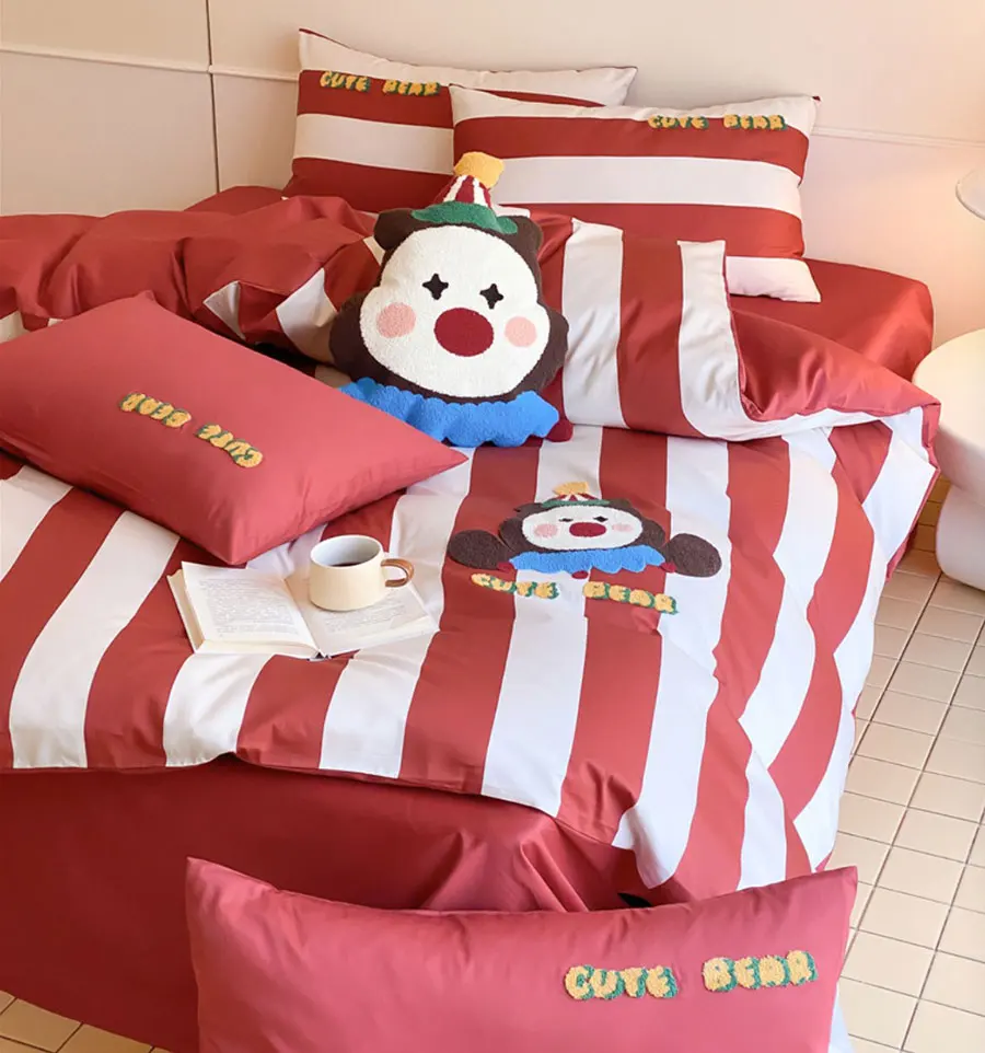 Cute circus clown bear red stripes bedding set teen,full queen king lovely cotton home textile bed sheet pillow case duvet cover