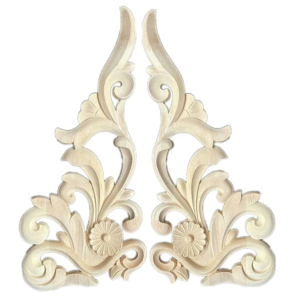 

2PCS 40CM Natural Wood Appliques Flower Carving Decals Decorative Wooden Mouldings for Cabinet Door Furniture Decor Figurines