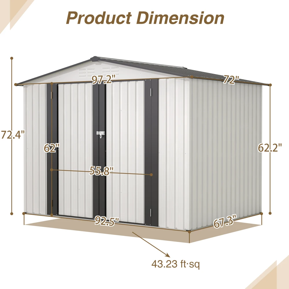 8 x 6 ft Outdoor Storage Shed, All Weather Metal Sheds with  2 Lockable Doors, Tool Shed for Garden, Backyard, Lawn,White