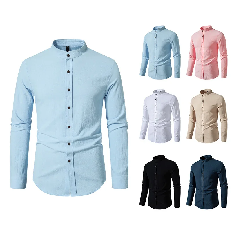 

Spring/Summer New Middle Ages Men's Long Sleeved Shirt Fashion Retro Cotton and Hemp Crepe Henley Neck Shirt