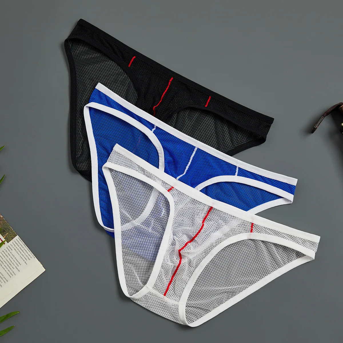 Fashion Solid Color Men Underwear Sheer Mesh Sexy U Pouch Briefs Ultra-thin Breathable Underpants Mid Waist Hollow Panties Cueca