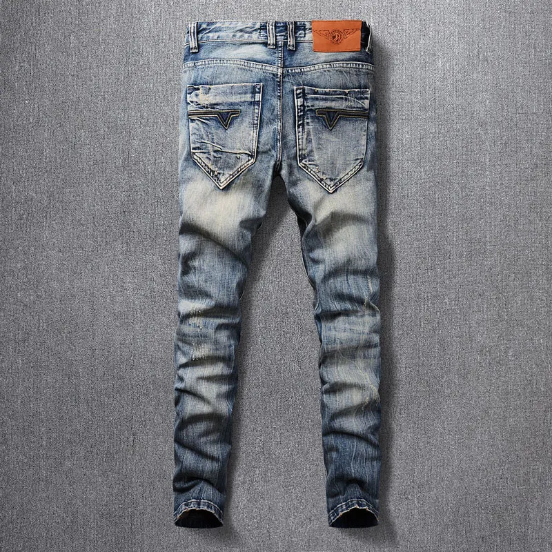 Fashion Designer Men Jeans Retro Washed Blue Stretch Slim Fit Ripped Jeans Men Embroidery Patched Vintage Denim Pants Hombre