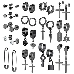 1 Pair/15 Pairs Stainless Steel Mens Earrings Black Stud Cross Dangle Hinged Earrings for Men Women Huggie Hoop Earring Set