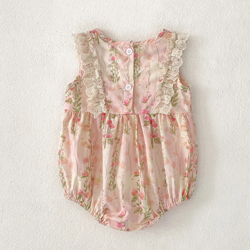 جديد طفلة ارتداءها الأزهار ملابس الطفل الدانتيل الصيف جديد أنثى طفل صغير الوردي زهرة القوس رومبير الوليد قطعة واحدة بذلة