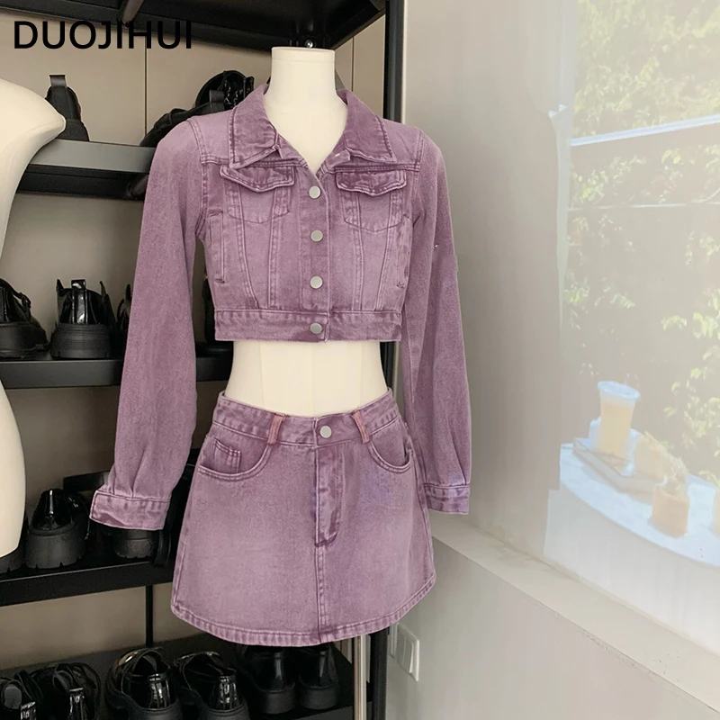 DUOJIHUI Two Piece Pink Purple Basic Casual Female Skirts Autumn Button Cardigan Loose Chicly Pocket Simple Fashion Women Skirts