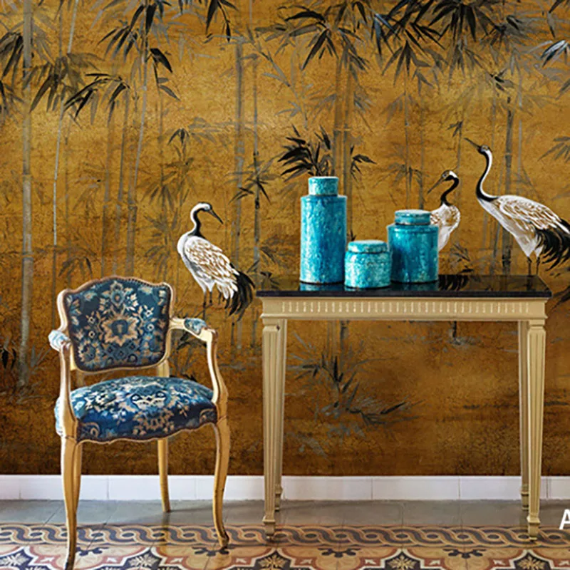 Custom 3d wallpaper mural bamboo leaf crane study tea room bedroom sofa background wall papel de parede home decor