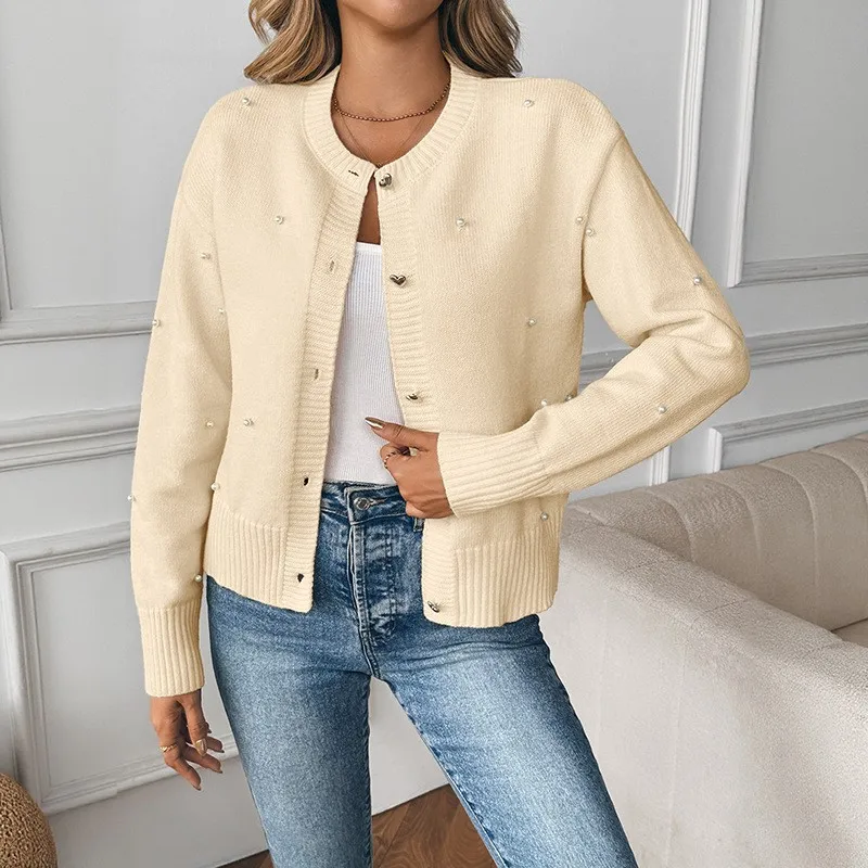 Cardigans casuais camisola puxa femmes contas de unhas cor sólida estilo simples all-match roupas femininas de malha deslocamento homewear