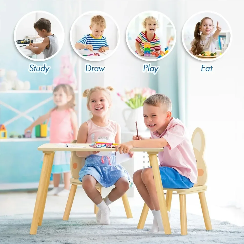 Wooden Kids Table and Chair Set, Waterproof Desktop Adorable Toddler Table Chairs Set with 2 Animal Chairs