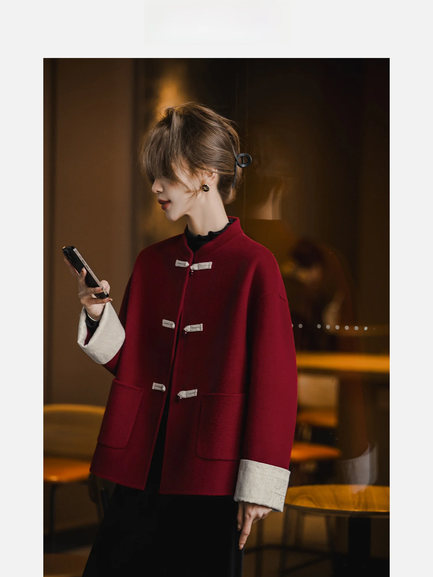 

Xiaogulizi Red Envelope Coat New Chinese Sle Button 00 Wool Double Face Winter ort Jaet Women Versatile Top