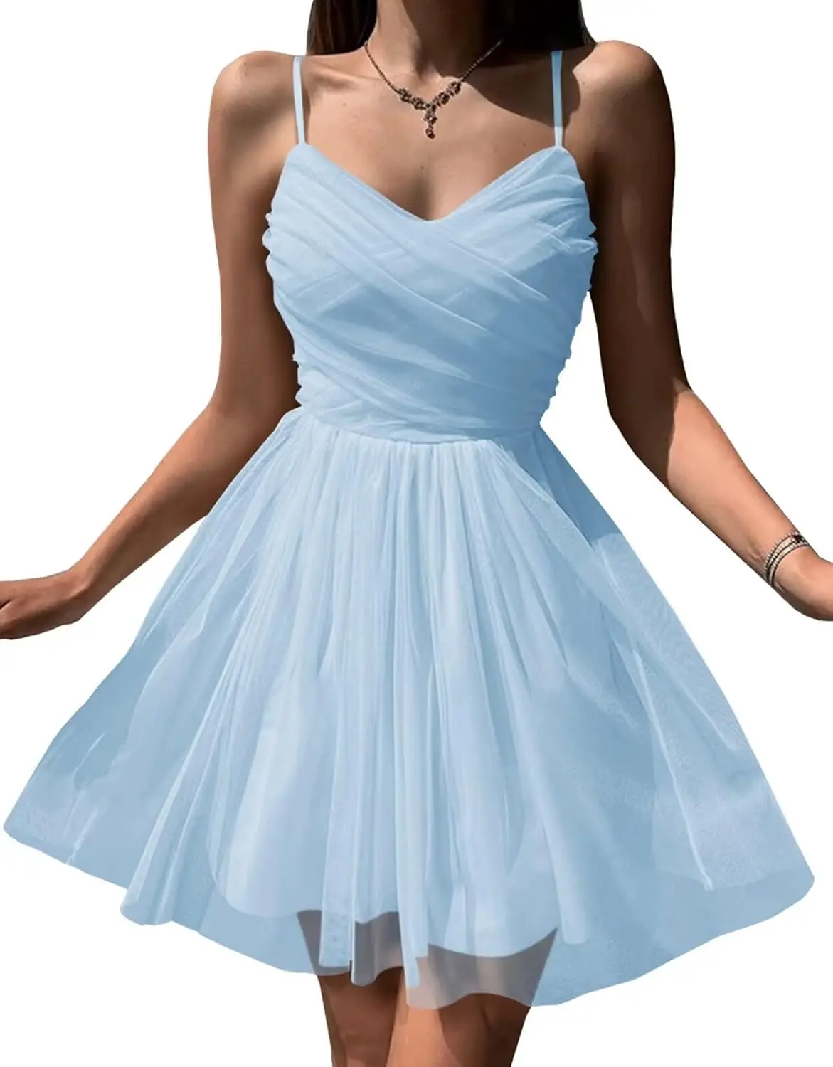 

Tulle Homecoming Dresses for Teens Short Prom Dress 2024 Spaghetti Straps Ruched Cocktail Gowns Above Knee , Mini