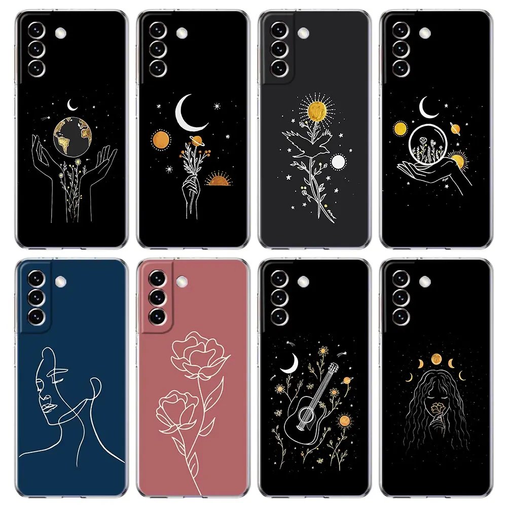 Simplicity line Art sun moon Phone Case For Samsung Galaxy S24 S23 S22 S20 Ultra S21 FE 5G S10 S9 Plus S10E S8 Soft Clear Cover