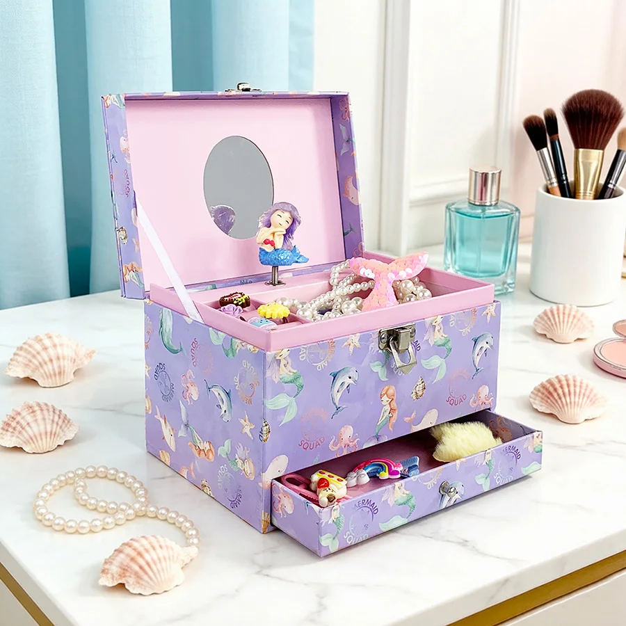 2026 Hot New Viral Mermaid Music Box with Mirror Drawer Rotating Doll Magnetic Photo Frame Lockable HD Print Jewelry Storage Uni