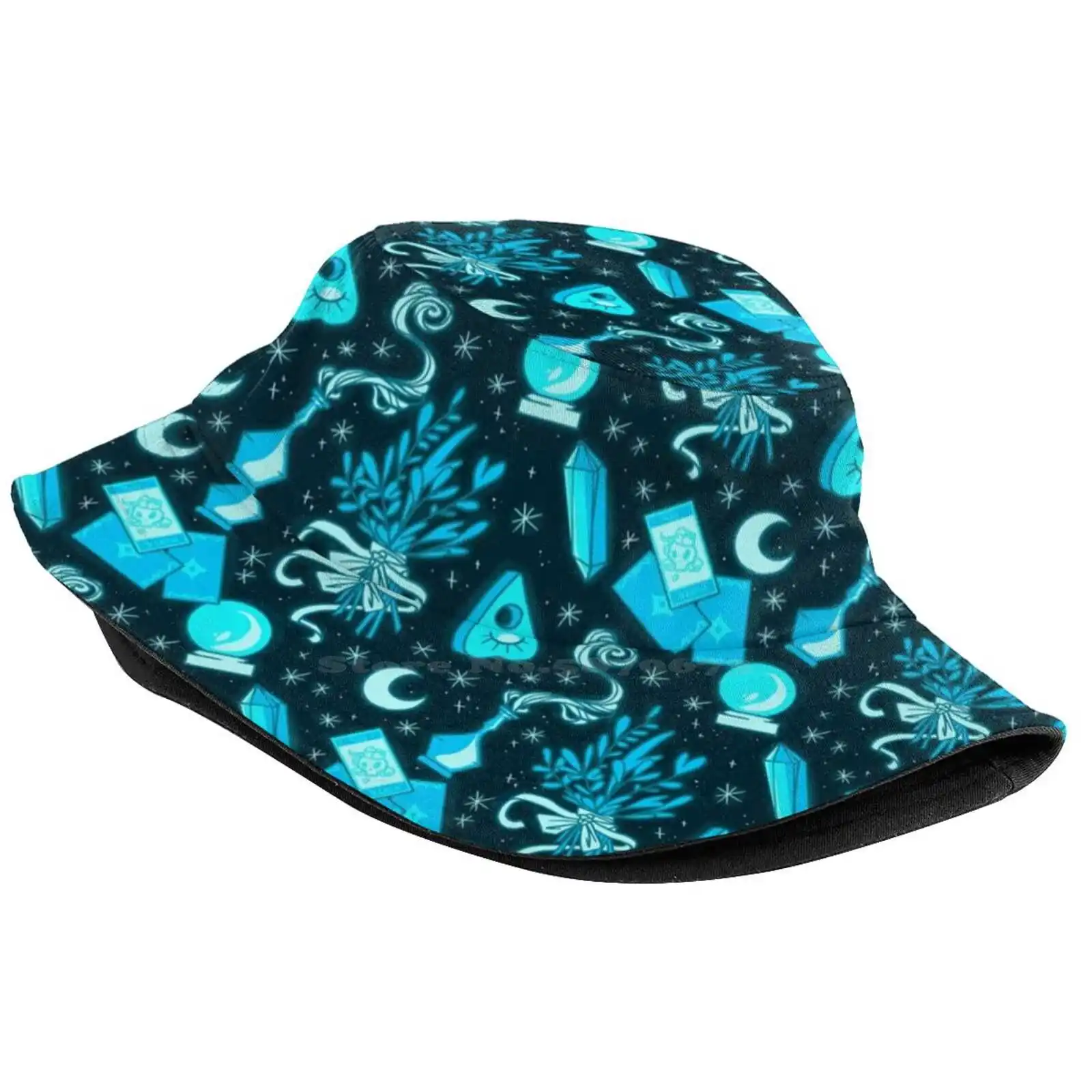 Blue Neon Sun Cap Fisherman Hat Bucket Hats Neon Blue Magic Witchcraft Zapatrax Potion Ouija Plant Pattern Tarot Moon Crystal