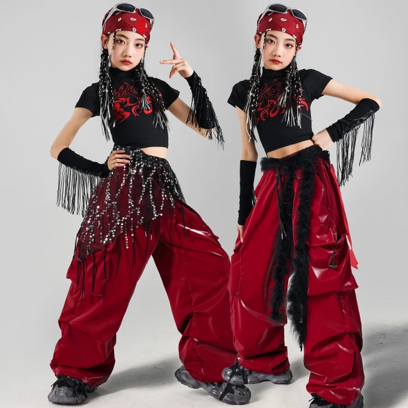 

Jazz Dance Stage Outfit Girls Kpop Performance Suit Black Crop Top Hip Hop Trousers Kids Fashion Clothes Street Dance Wear 2090
