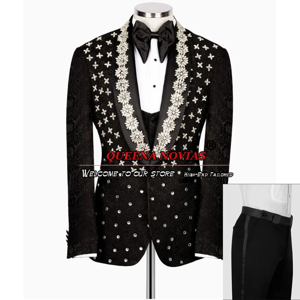 Slim Fit Stone Beading Ternos de casamento, desgaste do noivo, Prom Blazer, roupas de negócios, banquete sob medida, preto, 3 peças