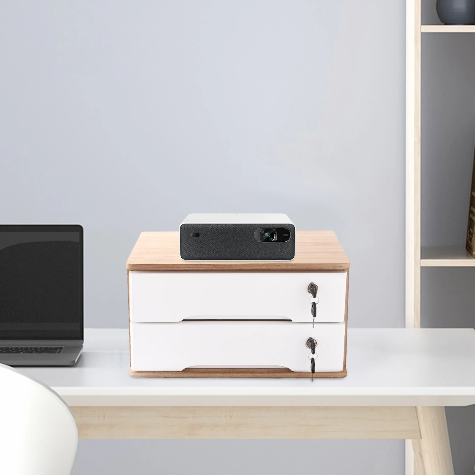 

2-Tier Lockable Storage Box, Desktop Storage Box with Lockable Drawers, Wooden Desktop Storage Box (Wood Color+White)