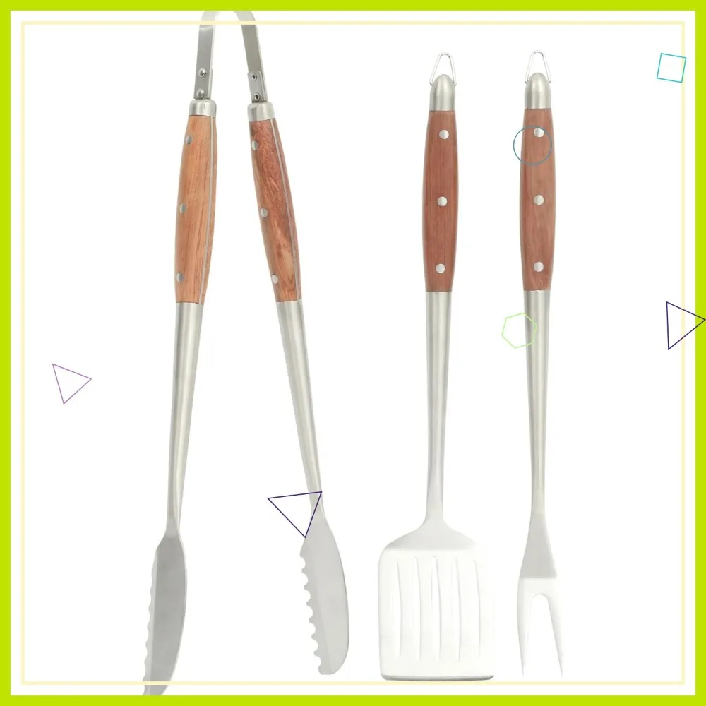 

Heavy Duty Stainless Steel Grilling Tool Set with Wooden Handles, Tongs, Slotted Turner, and Fork for BBQ