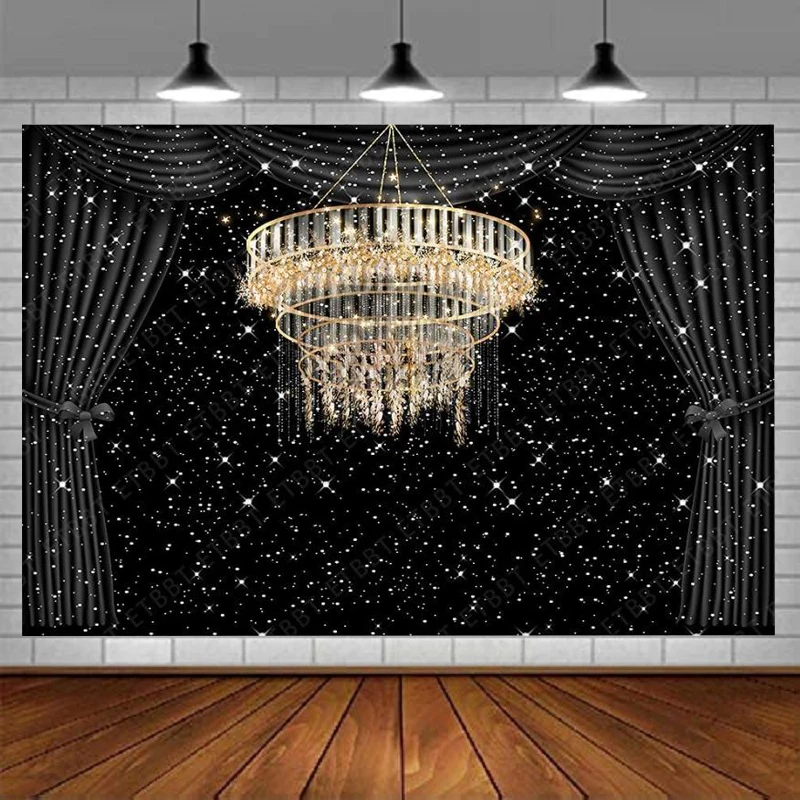 Pano de fundo cortina escura palco europeu lindo lustre de cristal fundo preto estrela glitter céu estrelado arco-nó estúdio decoração
