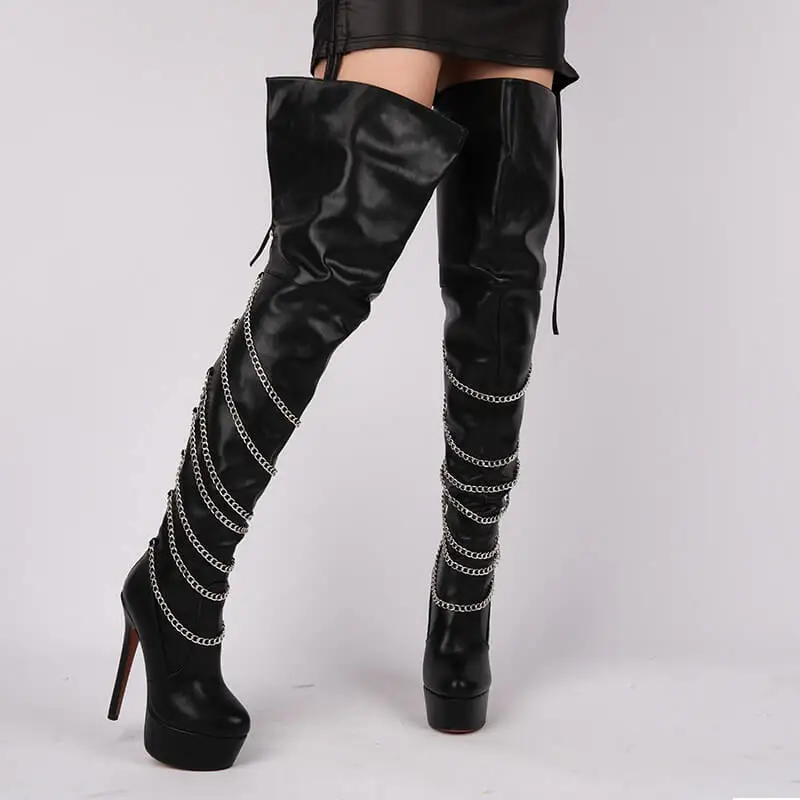 Onlymaker, botas por encima de la rodilla con plataforma rosa para mujer, tacón fino alto, decoración de cadena de Metal, botas hasta el muslo con cremallera para mujer