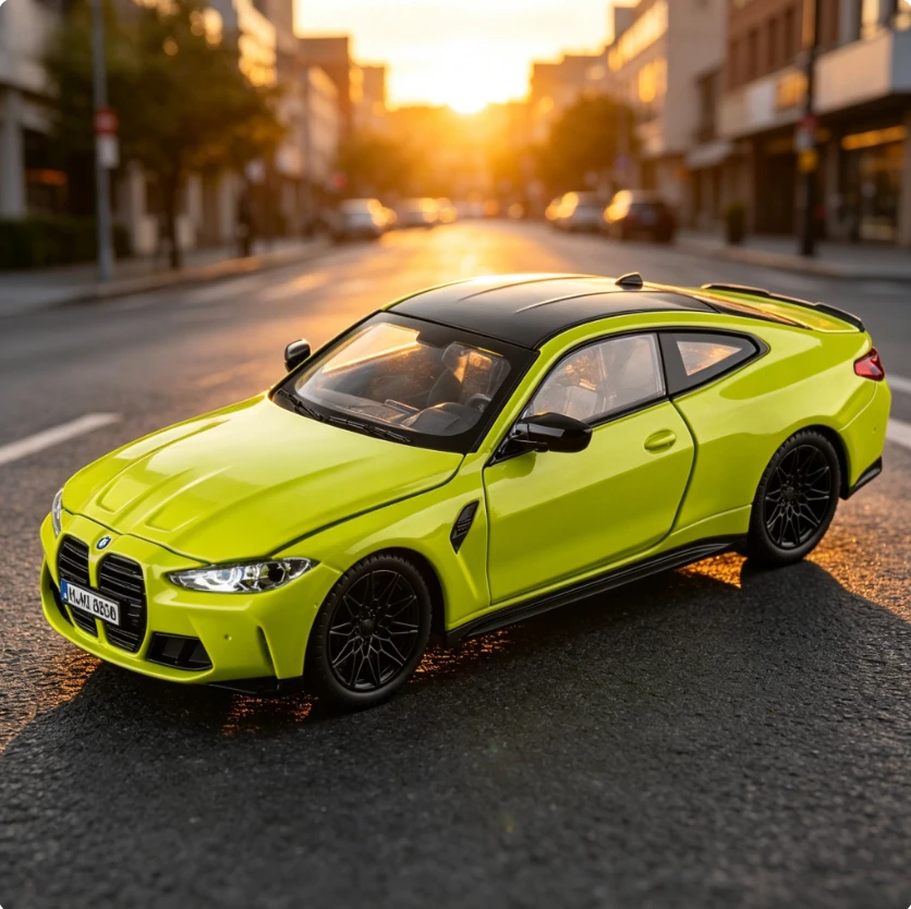 1 24 Che Zhi BMW M4 Static Diecast Car Sound Light Pull Back Rubber Tires Desktop Scene Collectible Ornament