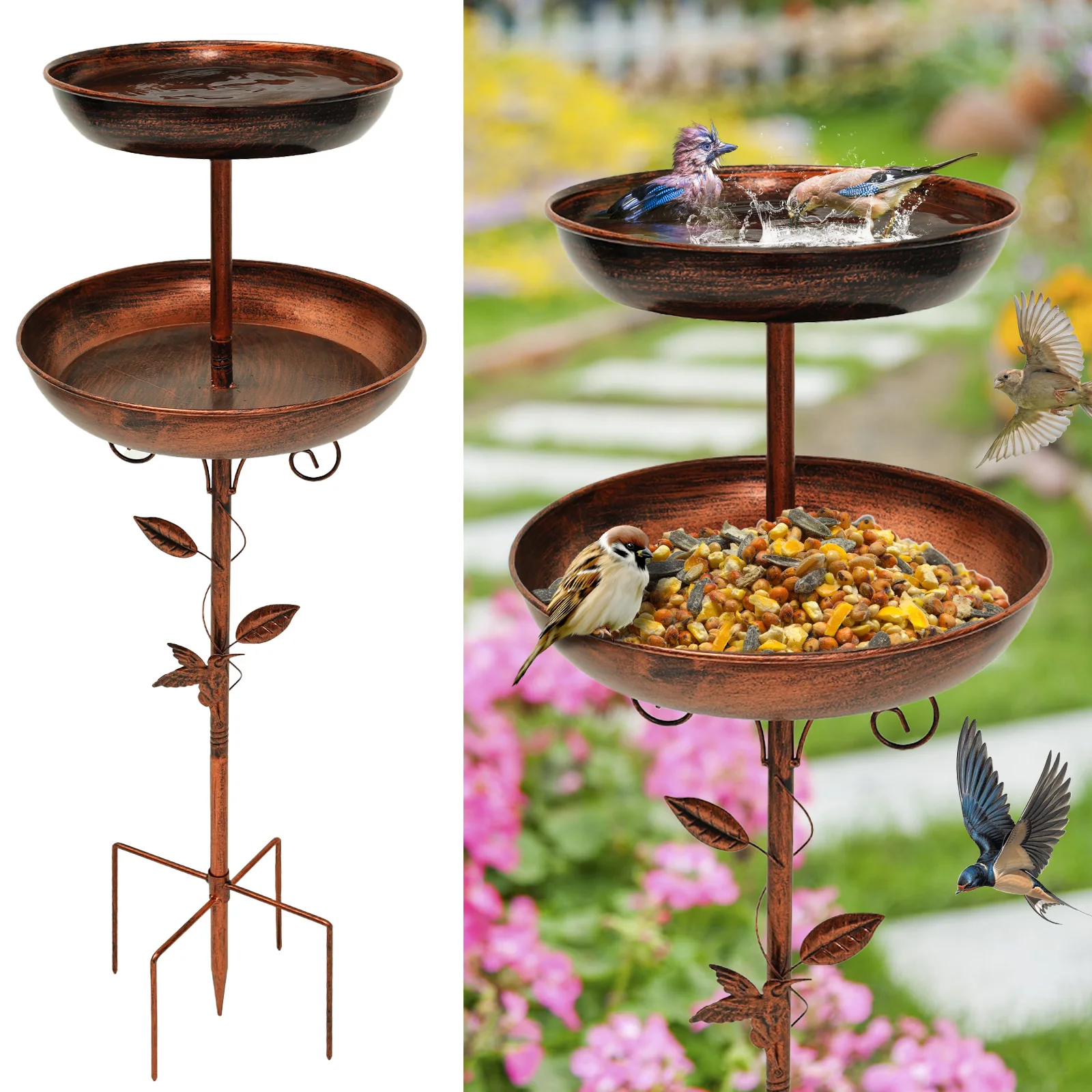 

Садовая купальня для птиц, уличная винтажная напольная чаша-поилка для птиц для патио и двора, большой емкости, с дозатором для корма