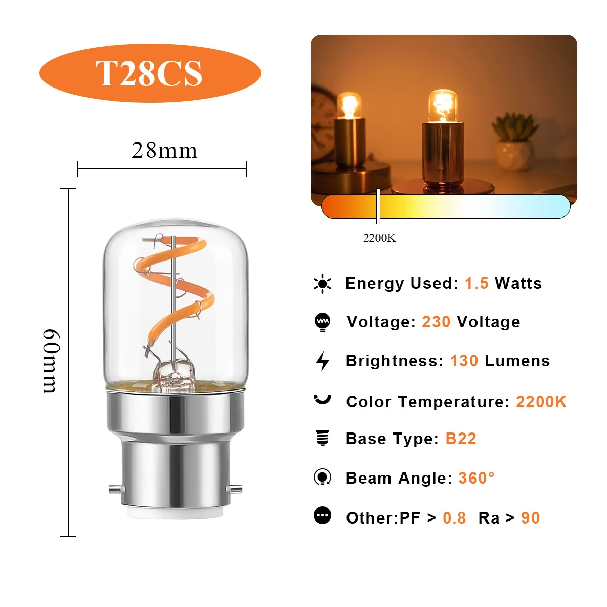 Vintage Tubular Led Bulb T28 Spiral Filament B22 Bayonet Bulb 1.5 Watt 2200K Clear Glass Dimmable Edison Antique Mini Tube Lamps