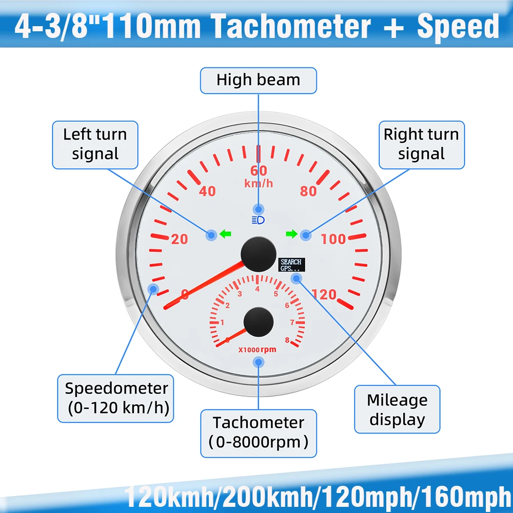 Boat Car 110mm GPS Speedometer With 8000RPM Tachometer 120Km/h 200Km/h 160MPH with Red Backlight Waterproof IP67 for 12V 24V