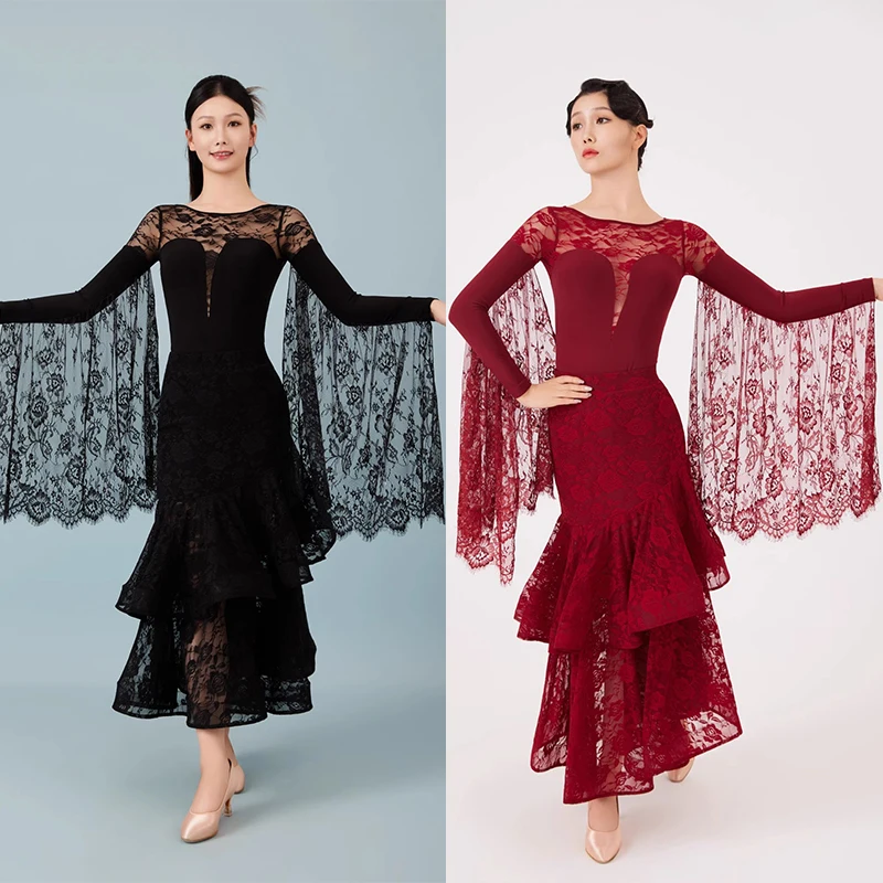 

Standard Ballroom Dance Clothes Women Wine Red Black Lace Tops Skirt Waltz Dance Performance Dresses Practice Clothing BL17554