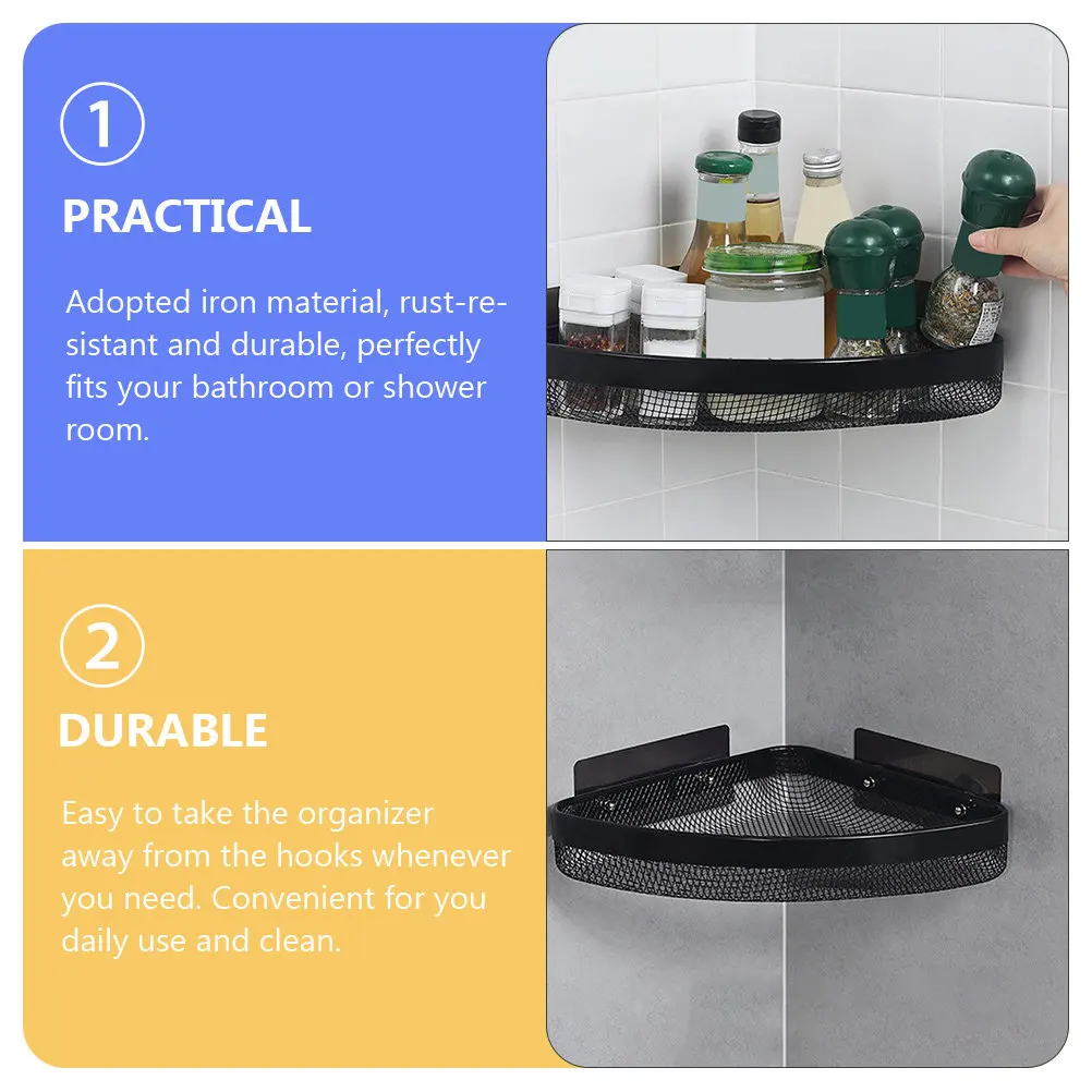Wall Mounted Iron Corner Shower Caddy Adhesive Rust Resistant Bathroom Storage Organizer Hollow Rack for Shower Bath Kitchen