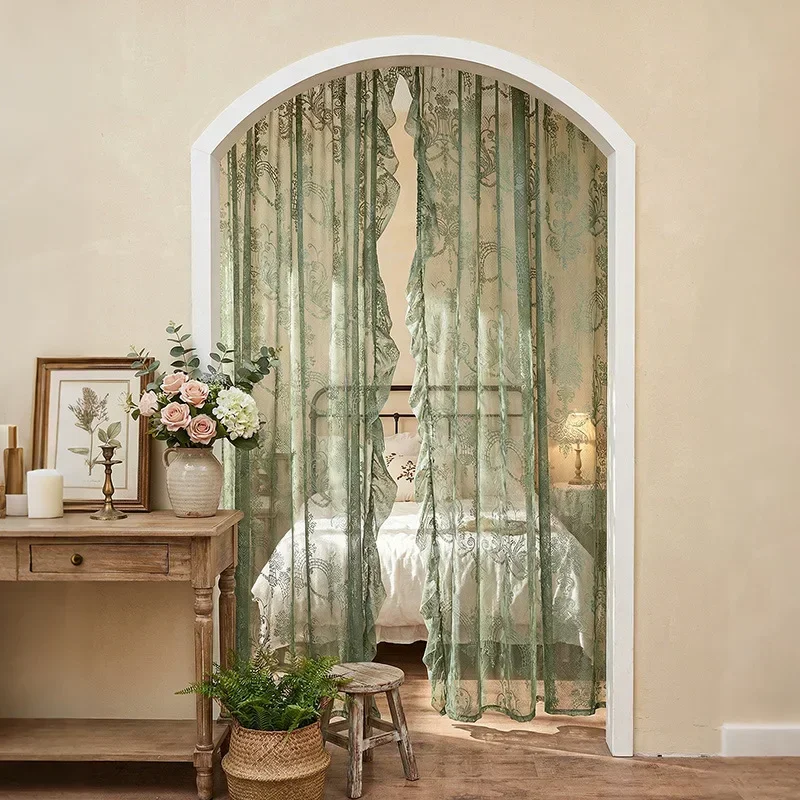 French Style No-Drill Door Curtain, Vintage Cream Lace Partition Sheer Curtain for Bedroom Living Room, High-End Finished Drape